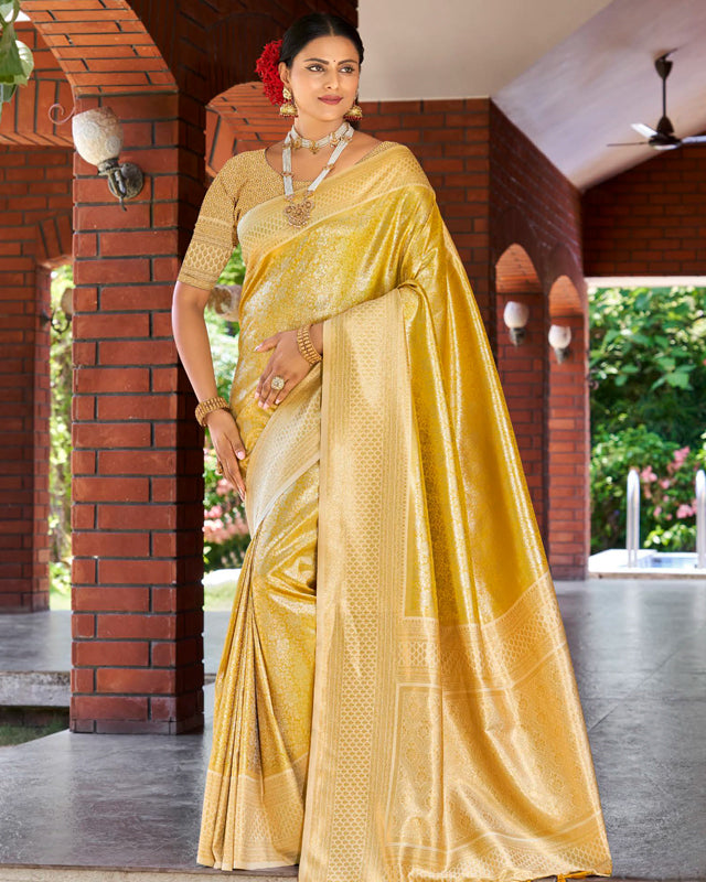Yellow Silk Saree with Golden Motifs – Heritage Ethnic Couture