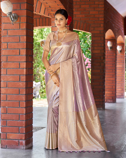 Purple Silk Saree with Golden Motifs – Heritage Ethnic Couture