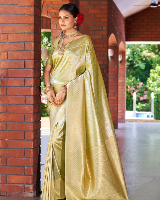 Golden Green Silk Saree with Golden Motifs – Heritage Ethnic Couture