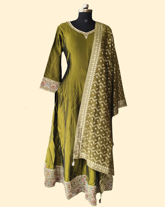 Olive Green Gown with Embroidered Dupatta – Festive & Wedding Wear