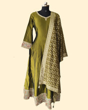 Olive Green Gown with Embroidered Dupatta – Festive & Wedding Wear