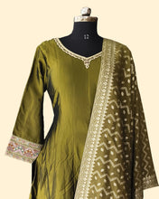 Olive Green Gown with Embroidered Dupatta – Festive & Wedding Wear