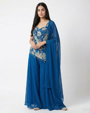 Royal Blue Palazzo Suit Set with Silver & Turquoise Embroidery