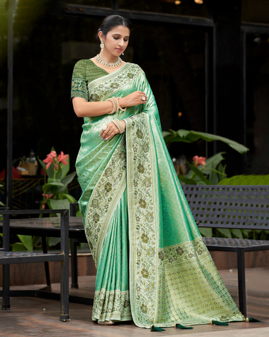 Green Embroidered Silk Saree with Floral & Geometric Motifs Dark Green Blouse – Garden Luxe Couture