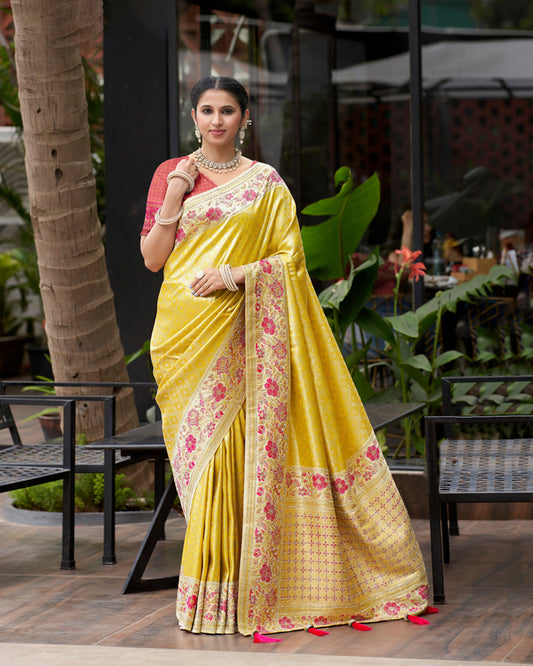 Yellow Silk Saree with peach & Gold Embroidery – Regal Festive Couture