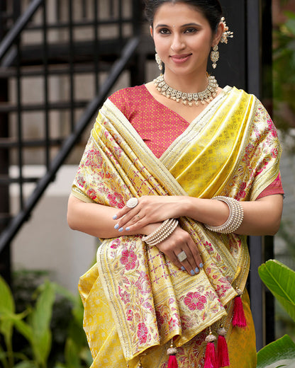 Yellow Silk Saree with peach & Gold Embroidery – Regal Festive Couture