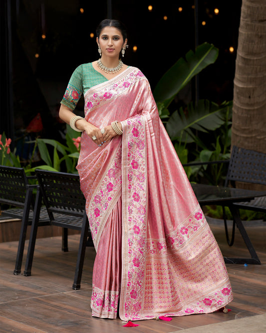 Pink Silk Saree with Gold Floral Embroidery & Green Blouse – Festive Heritage Couture