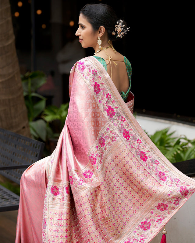Pink Silk Saree with Gold Floral Embroidery & Green Blouse – Festive Heritage Couture