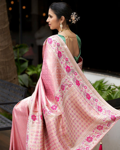 Pink Silk Saree with Gold Floral Embroidery & Green Blouse – Festive Heritage Couture
