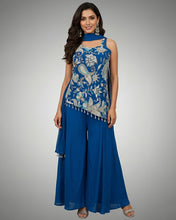 Royal Blue Palazzo Suit Set with Silver & Turquoise Embroidery