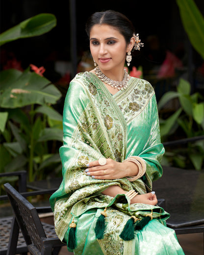 Green Embroidered Silk Saree with Floral & Geometric Motifs Dark Green Blouse – Garden Luxe Couture