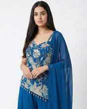 Royal Blue Palazzo Suit Set with Silver & Turquoise Embroidery