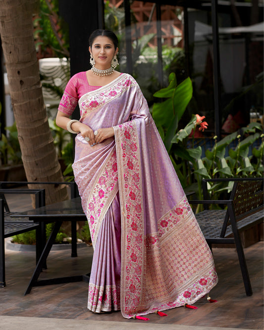 Purple Embroidered Silk Saree with Floral & Geometric Motifs Pink Blouse