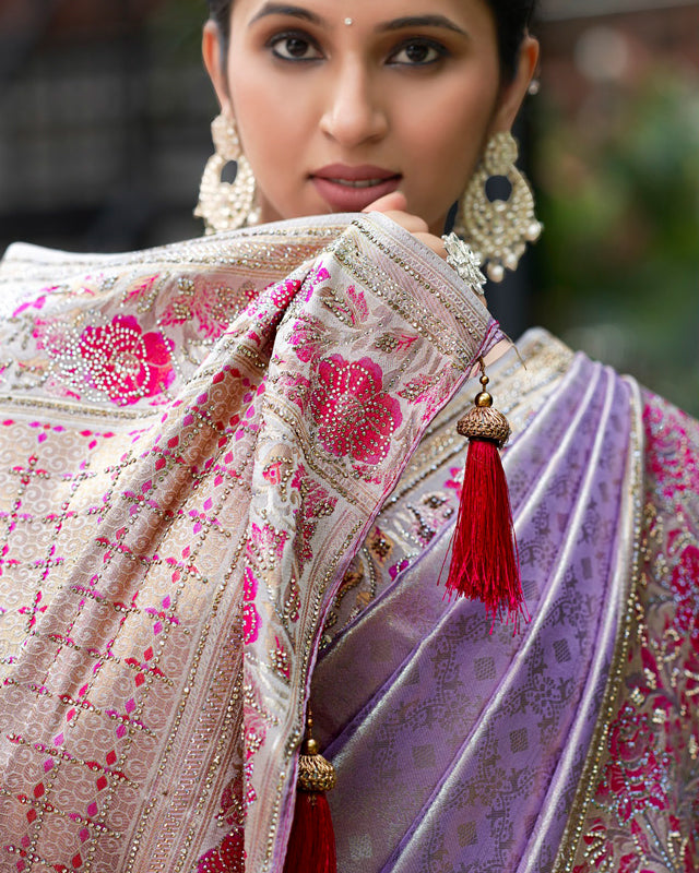 Purple Embroidered Silk Saree with Floral & Geometric Motifs Pink Blouse