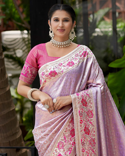Purple Embroidered Silk Saree with Floral & Geometric Motifs Pink Blouse