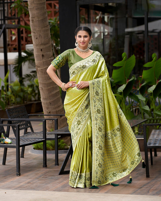 Golden Green Embroidered Silk Saree with Floral & Geometric Motifs Dark Green Blouse
