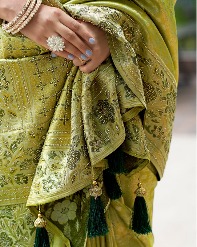 Golden Green Embroidered Silk Saree with Floral & Geometric Motifs Dark Green Blouse