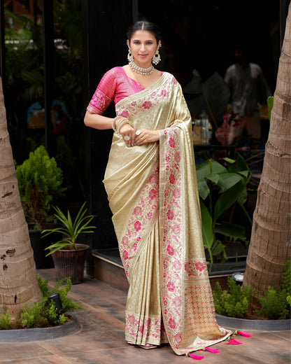Light Gold Saree with Pink Floral Embroidery with pink blouse – Festive Heritage Couture