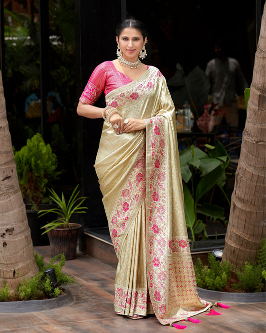 Light Gold Saree with Pink Floral Embroidery with pink blouse – Festive Heritage Couture