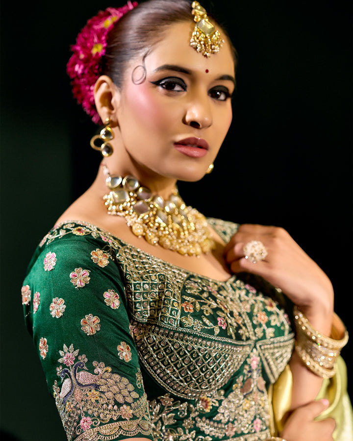 Golden Silk Saree with Green Embroidered Blouse – Regal Wedding Couture