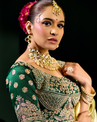 Golden Silk Saree with Green Embroidered Blouse – Regal Wedding Couture
