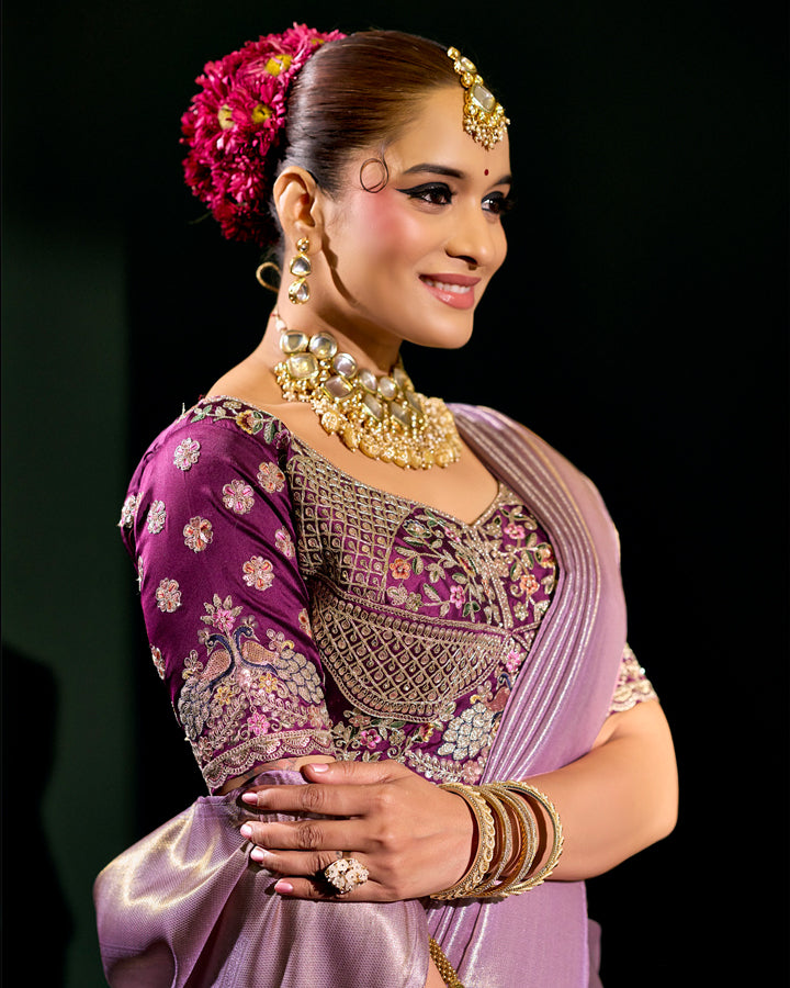 Purple Silk Saree with Gold & Silver Embroidery – Regal Wedding Couture