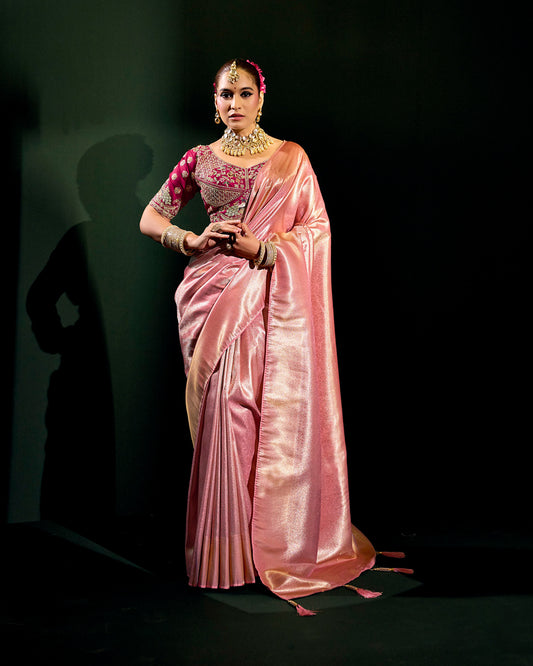 Golden Pink Silk Saree with Pink Embroidered Blouse – Heritage Wedding Couture