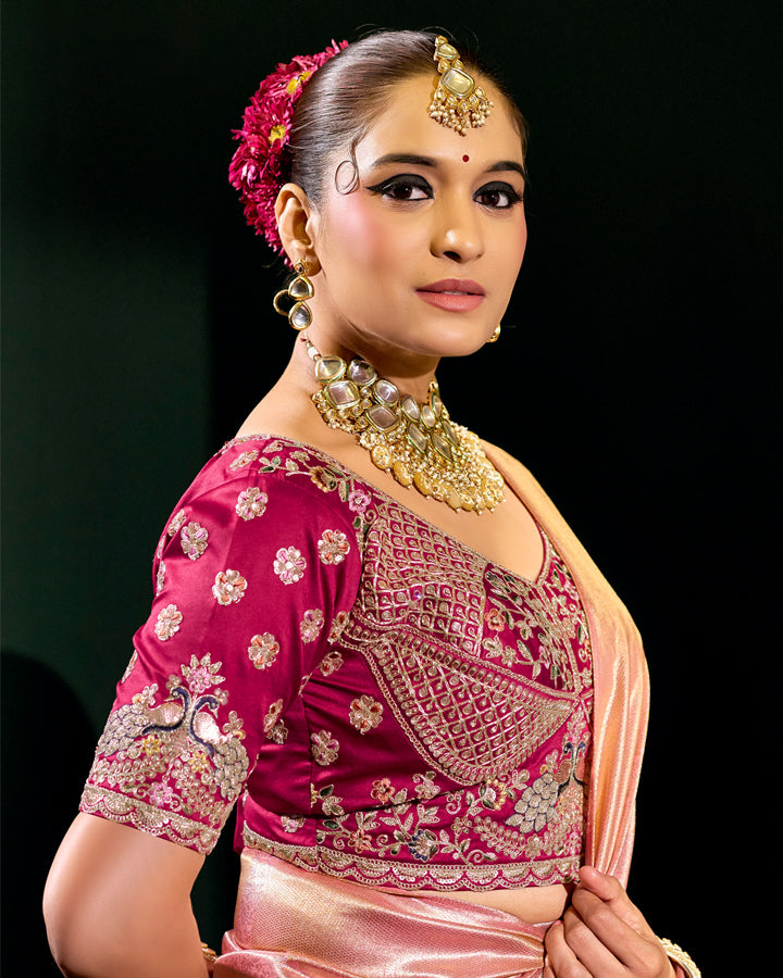 Golden Pink Silk Saree with Pink Embroidered Blouse – Heritage Wedding Couture