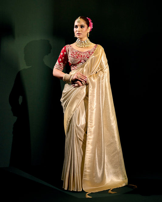 Light Golden Silk Saree with Maroon Embroidered Blouse – Regal Heritage Couture