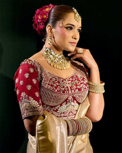 Light Golden Silk Saree with Maroon Embroidered Blouse – Regal Heritage Couture