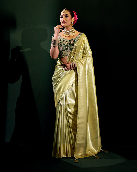 Golden Silk Saree with Green Embroidered Blouse – Regal Wedding Couture