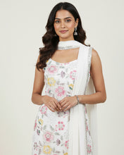 White Floral Sleeveless Kurta Set with Palazzo & Sheer Dupatta