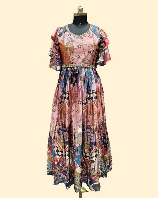Multicolor Patterned Gown with Ruffled Sleeves – Festive & Casual Wear