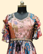 Multicolor Patterned Gown with Ruffled Sleeves – Festive & Casual Wear