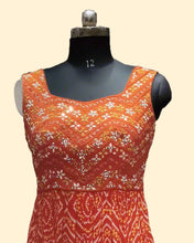 Sleeveless Bandhani-Style Gown with Mirror Work Flared Skirt – Cultural Elegance