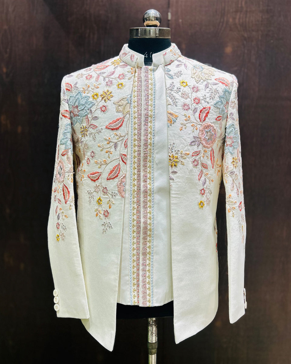 Ivory Pastel Floral Embroidered Open Jodhpuri with Koti Band Collar