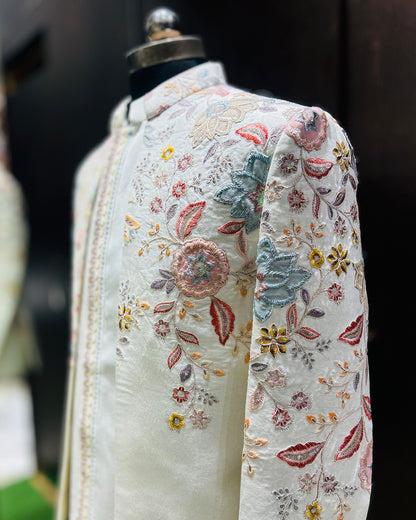 Ivory Pastel Floral Embroidered Open Jodhpuri with Koti Band Collar