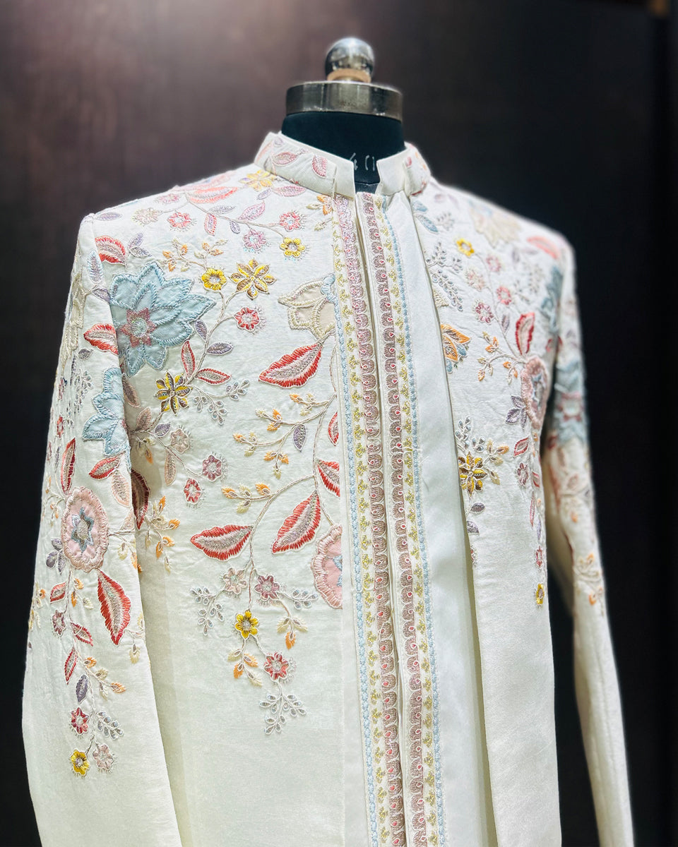 Ivory Pastel Floral Embroidered Open Jodhpuri with Koti Band Collar