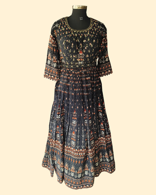 Printed Black Ethnic Gown with Floral & Geometric Embroidery