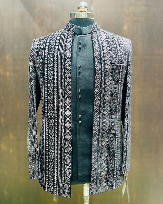 Black Ethnic Kurta Set with Embroidered Open Jacket Jodhpuri – Geometric & Floral Motifs