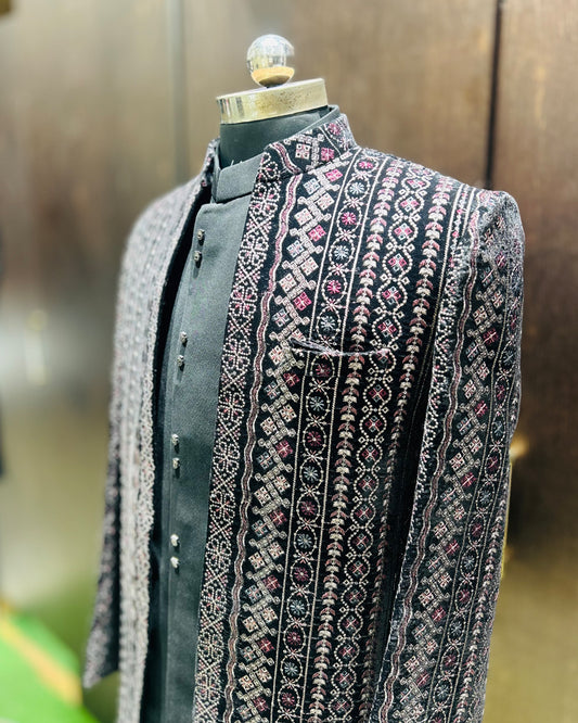 Black Ethnic Kurta Set with Embroidered Open Jacket Jodhpuri – Geometric & Floral Motifs
