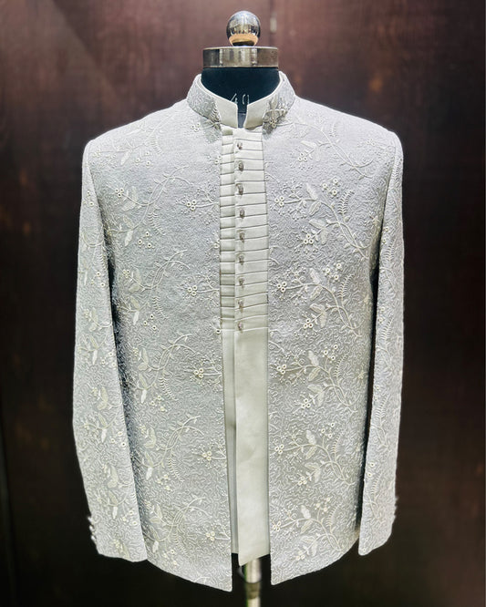 Ivory Floral Embroidered Jodhpuri Open Jacket with Pleated Placket & Band Colla