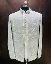 Ivory Floral Embroidered Jodhpuri Open Jacket with Pleated Placket & Band Colla