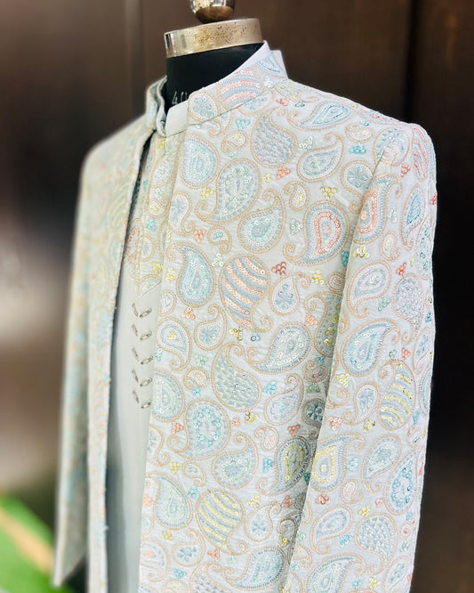 Pastel Paisley Embroidered Jodhpuri Open Jacket in Silk Blend – Groom’s Wedding Attire