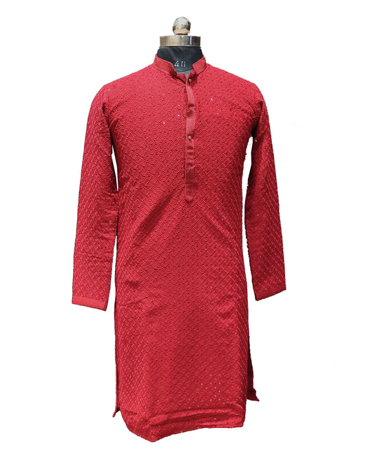 Red Lakhnavi Kurta Suit with White Bottom – Hand-Embroidered Festive Wear