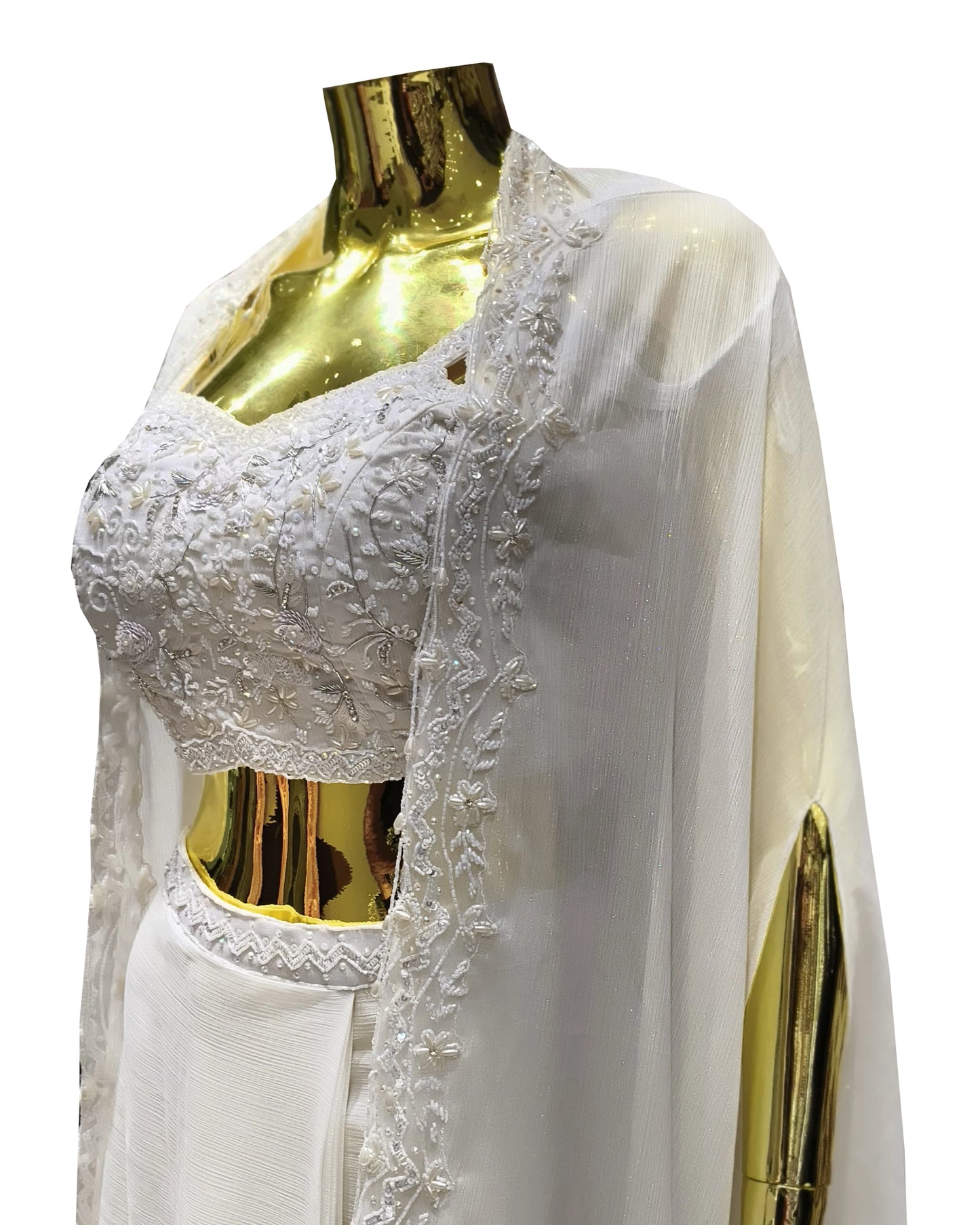 White Indo-Western Lehenga Set with Embroidered Choli & Shrug