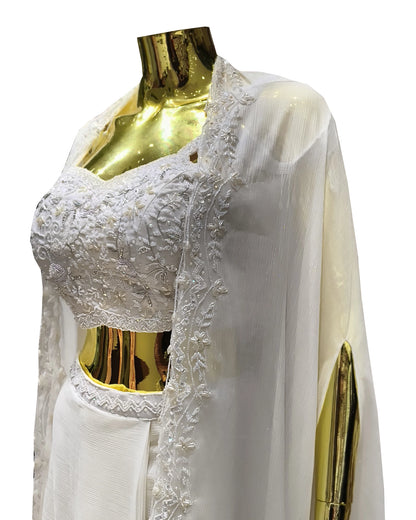 White Indo-Western Lehenga Set with Embroidered Choli & Shrug