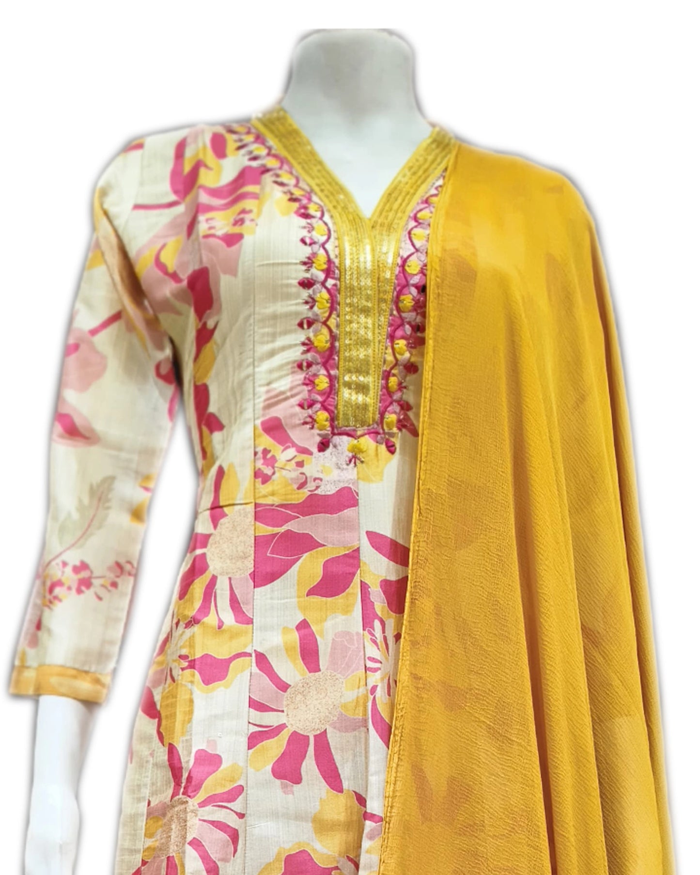 Pink & Yellow Floral Elegant Printed Salwar Suit with Yellow Dupatta
