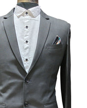 Men's Charcoal Grey Slim Fit – Formal Two-Button Suit with Printed Pocket Square Five Piece Suit
