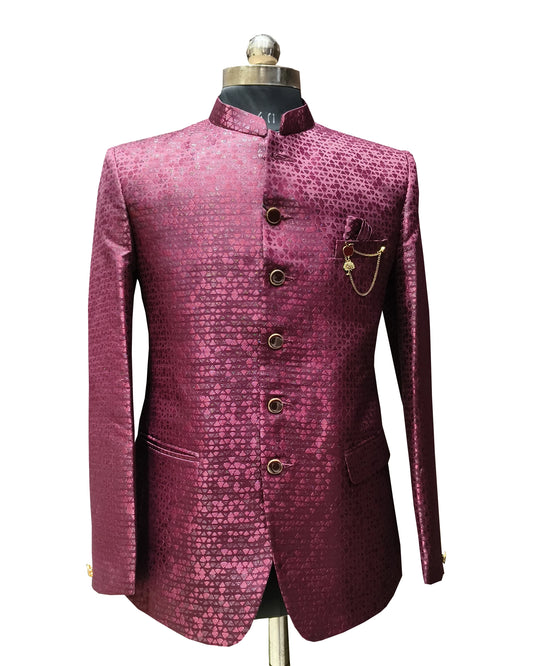 Men’s Maroon Designer Jacquard Indo Western Jodhpuri Suit with Pent